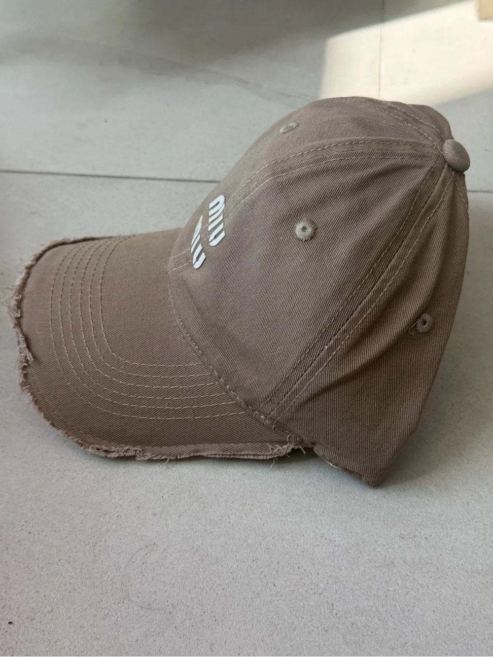 Designer Taupe Brown Distressed Logo Baseball Cap Adjustable Cotton Hat NWT